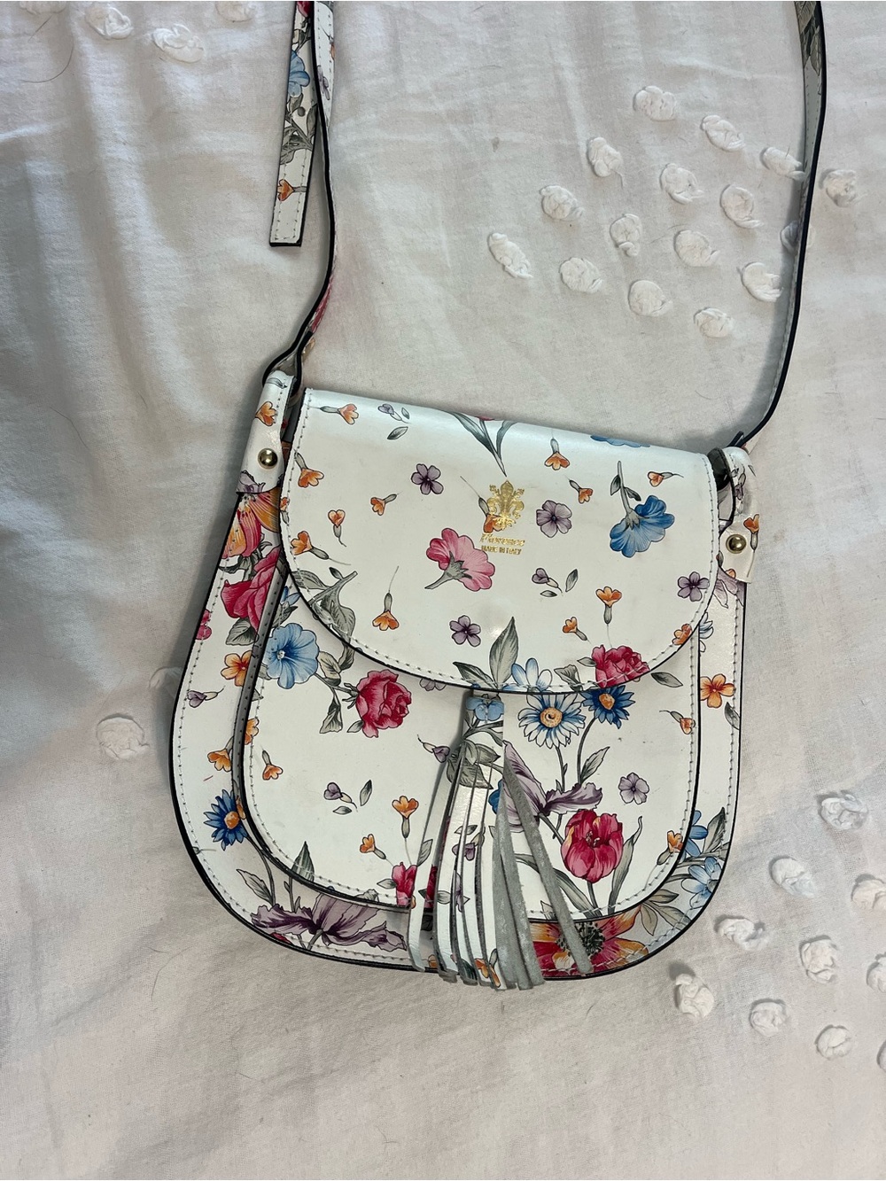 Made in Florence White Floral Crossbody Bag with Tassel